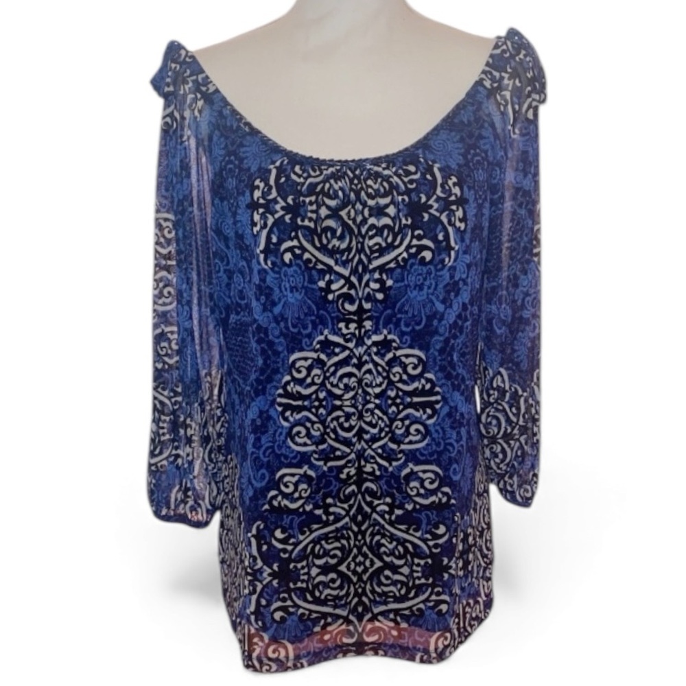 INT’L CONCEPTS by Macy’s Pullover Lined Blouse w/Cold Shoulder Details BLU SZ LG